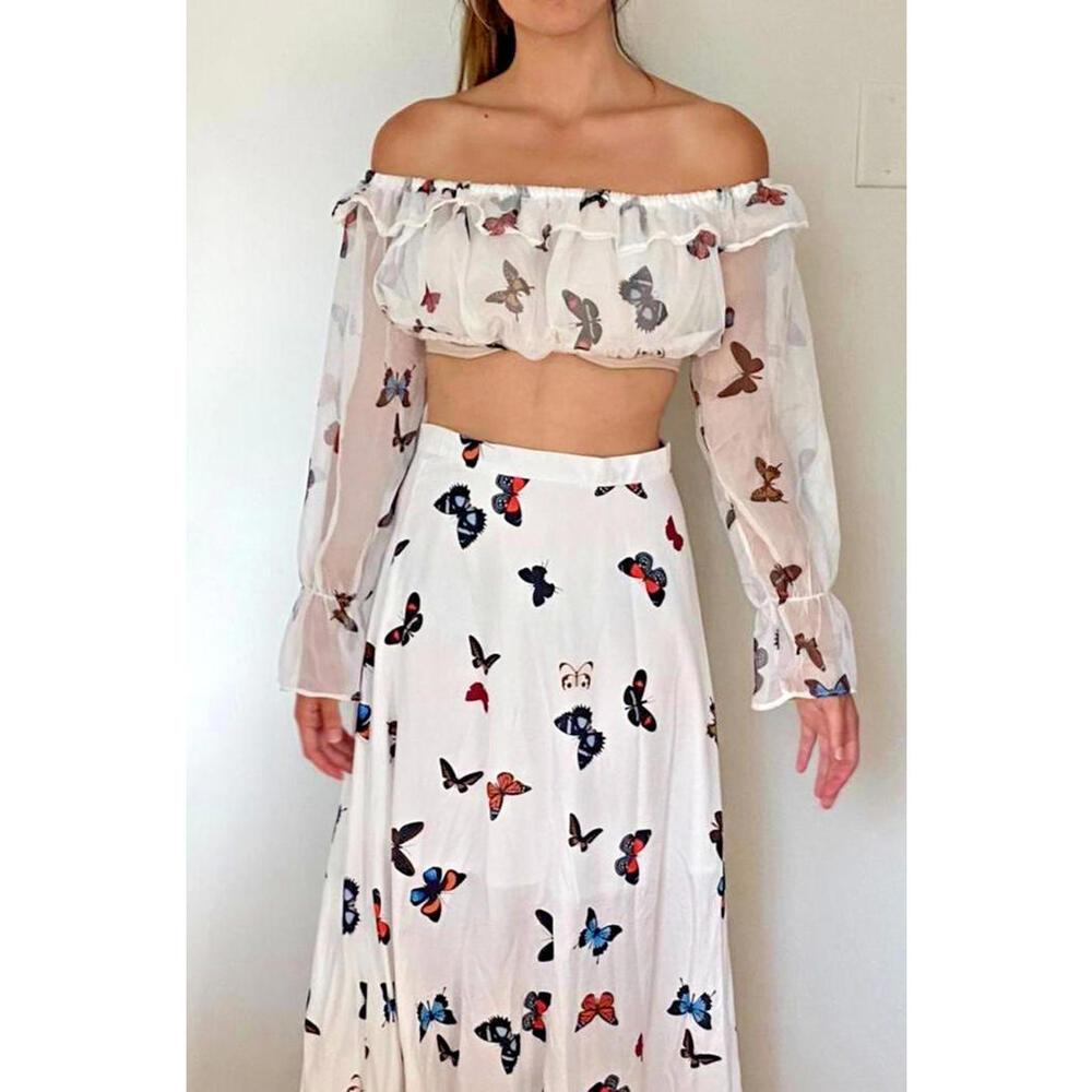 2 PC BUTTERFLY MAXI SKIRT & BLOUSE SET WOMEN LARGE FASHION GLAM PIXIE BOHO